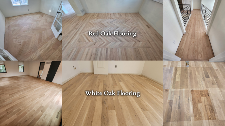 Comparing Red and White Oak and Which is better in the Denver Market, this pic having 3 red oak floors across top and 3 white oak floors across bottom.